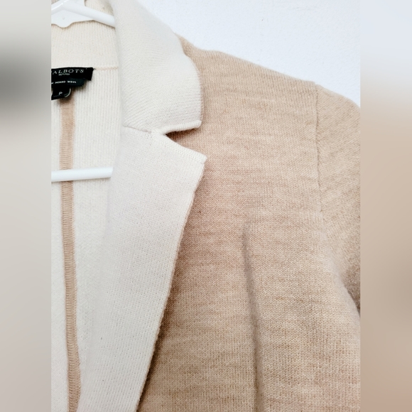 $189 Talbots Women's Pure Merino Wool Open Front Cardigan Tan/Cream XS - Picture 3 of 14